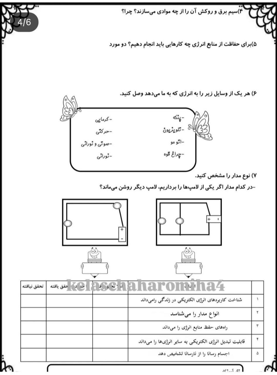 آزمون علوم فصل۴چهارم دبستان باپاسخنامه