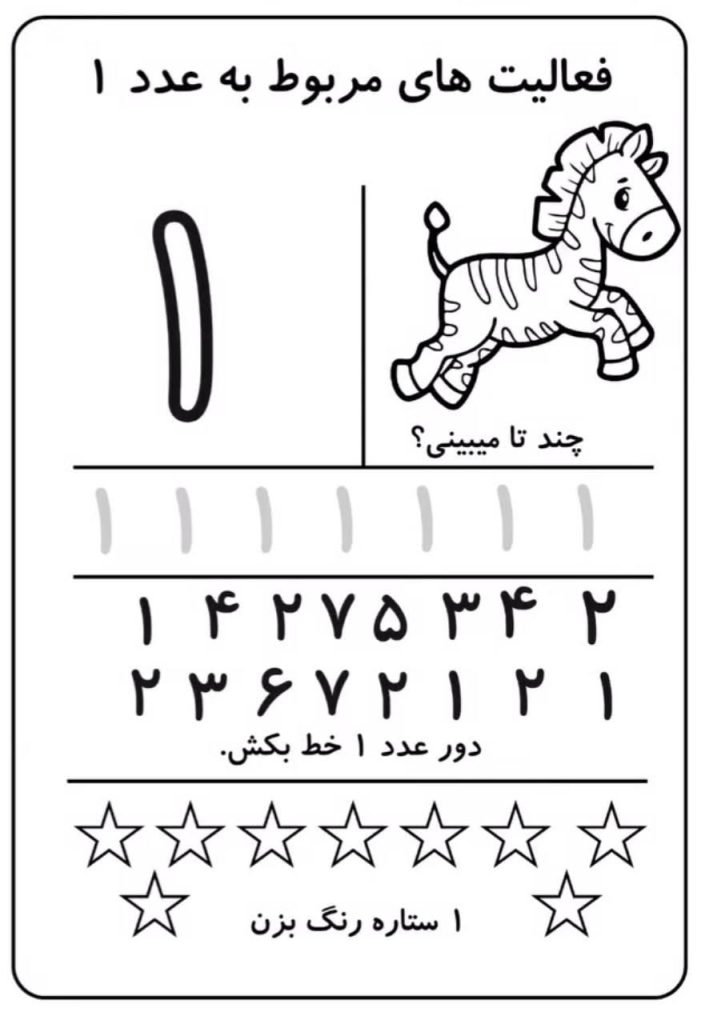 کاربرگ آموزش عدد۱ ریاضی اول دبستان