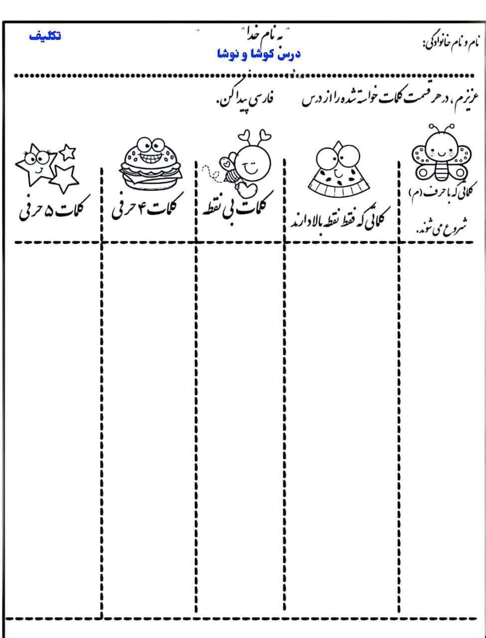 کاربرگ تمرین خلاق درس کوشا و نوشا دوم دبستان