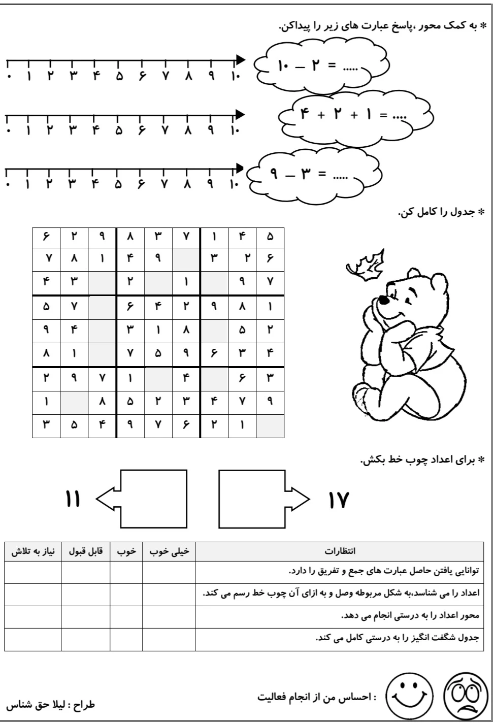 تمرین محور و جدول شگفت انگیز کلاس اول دبستان