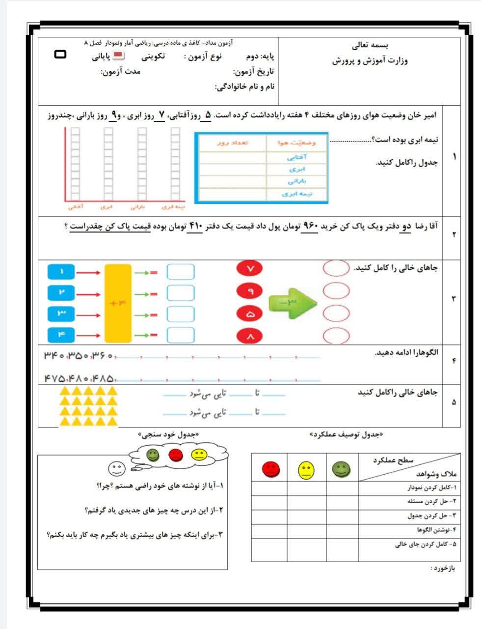 کاربرگ فصل هشتم ریاضی دوم دبستان