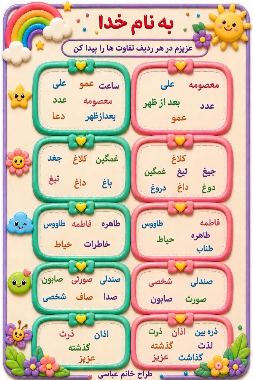 کاربرگ تفاوت‌ یابی کلمات فارسی اول دبستان