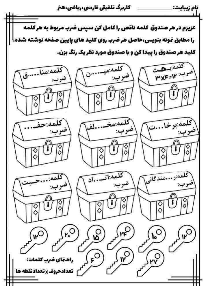 کاربرگ ضرب خلاق ریاضی سوم دبستان