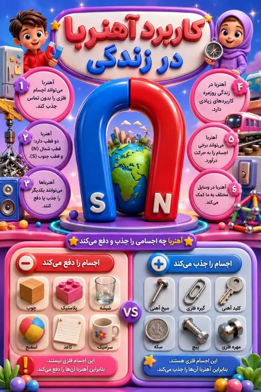 کاربرگ اینفوگرافیک آهن ربا علوم اول دبستان