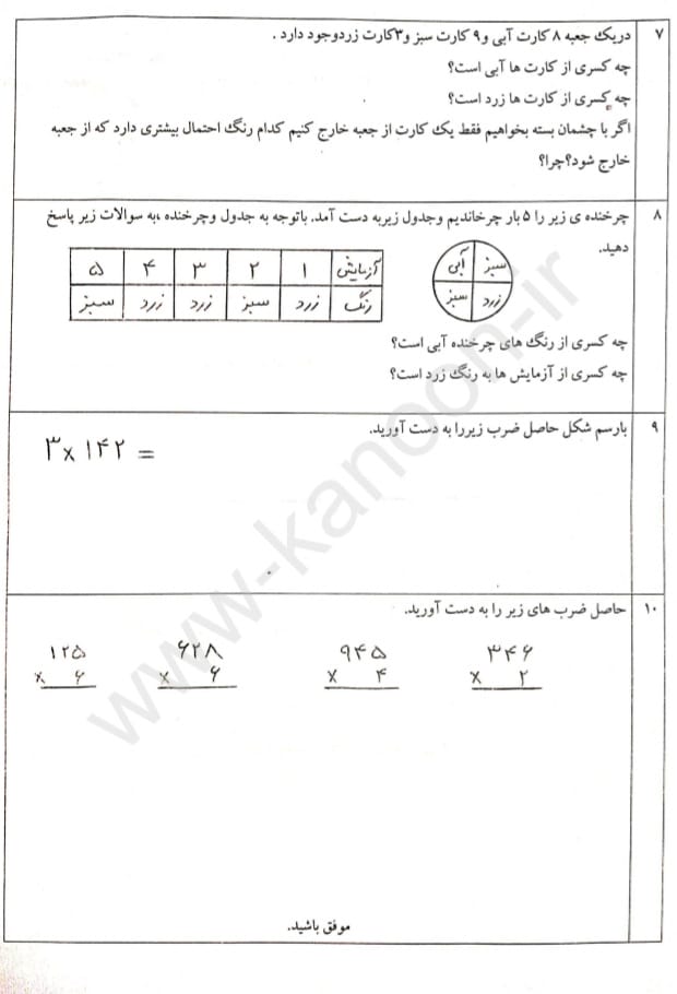 کاربرگ ارزشیابی اردیبهشت ماه ریاضی سوم دبستان
