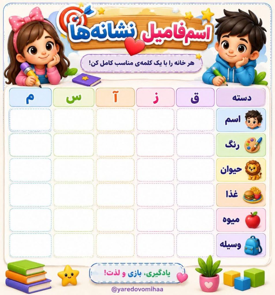 کاربرگ بازی اسم فامیل نشانه ها دوم ابتدایی