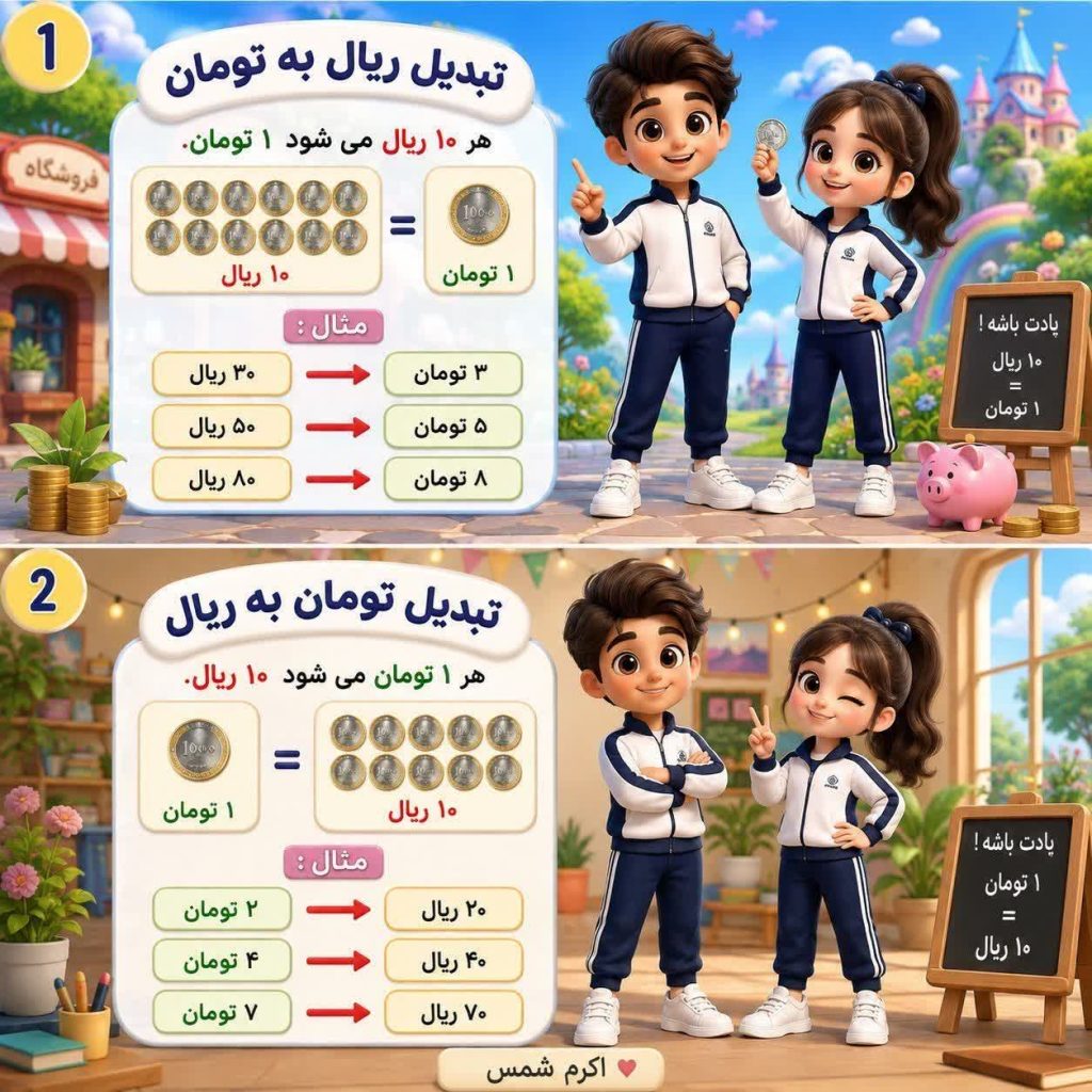 کاربرگ تبدیل ریال به تومان ریاضی سوم دبستان