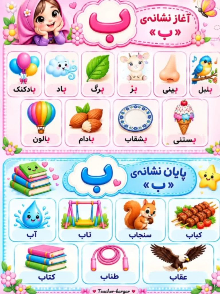 فلش کارت کلمات هم آغاز و هم پایان نشانه ب اول دبستان