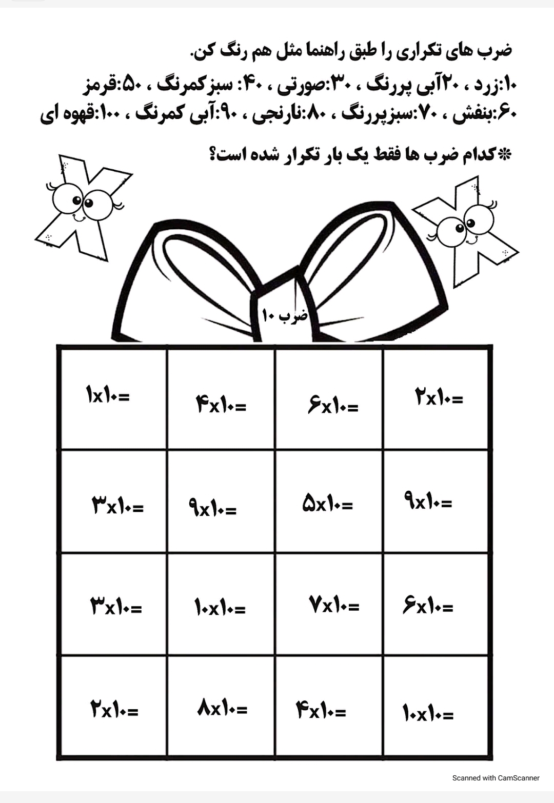 کاربرگ ضرب تلفیقی ریاضی سوم دبستان