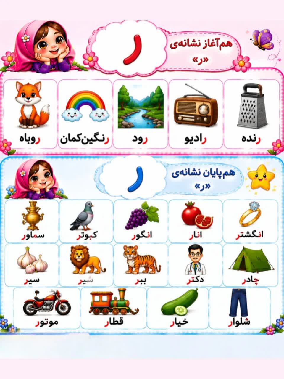 پوستر کلمات هم آغاز و هم پایان نشانه ر اول دبستان