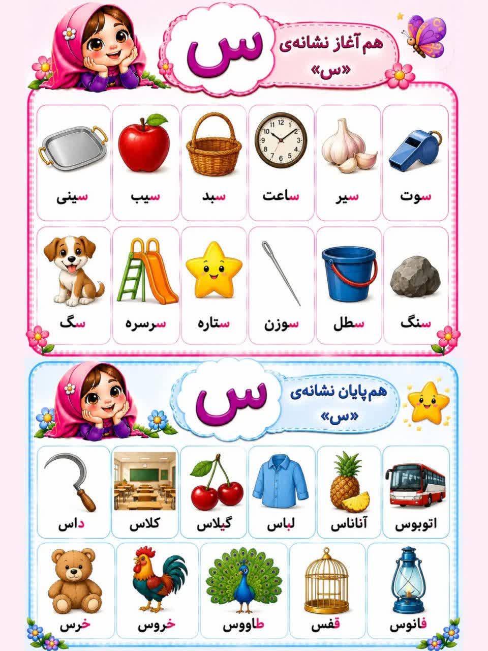 پوستر کلمات هم آغاز و هم پایان نشانه س اول دبستان
